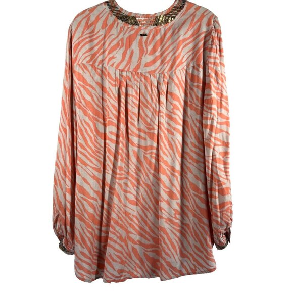 Chico's Womens Tunic Top Blouse Large Embellished Orange Animal Print Semi Sheer - Picture 2 of 10